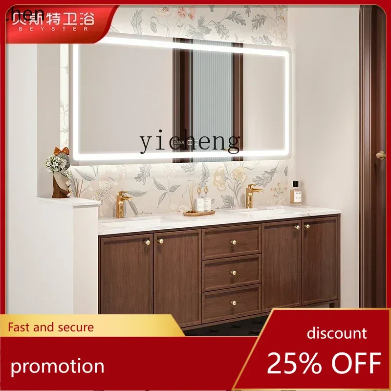 

YFY Modern Medieval Double Basin Bathroom Cabinet French Wash Table Bathroom Cabinet Oak