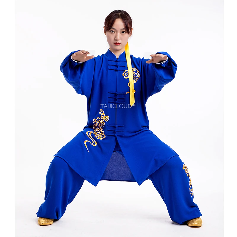 Unisex Silk-Linen Tai Chi Uniform | Auspicious Cloud Embroidery | Extended Cut Kung Fu Performance Suits | Custom Tailoring
