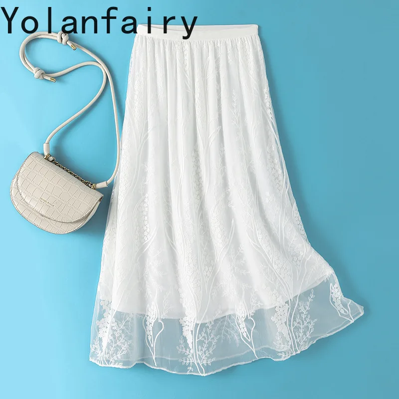 YOLANFAIRY Fashion 100% Real Mulberry Silk Skirts for Women Summer Elastic Waist Embroidery Skirt Woman 2026 Elegant Black Skirt