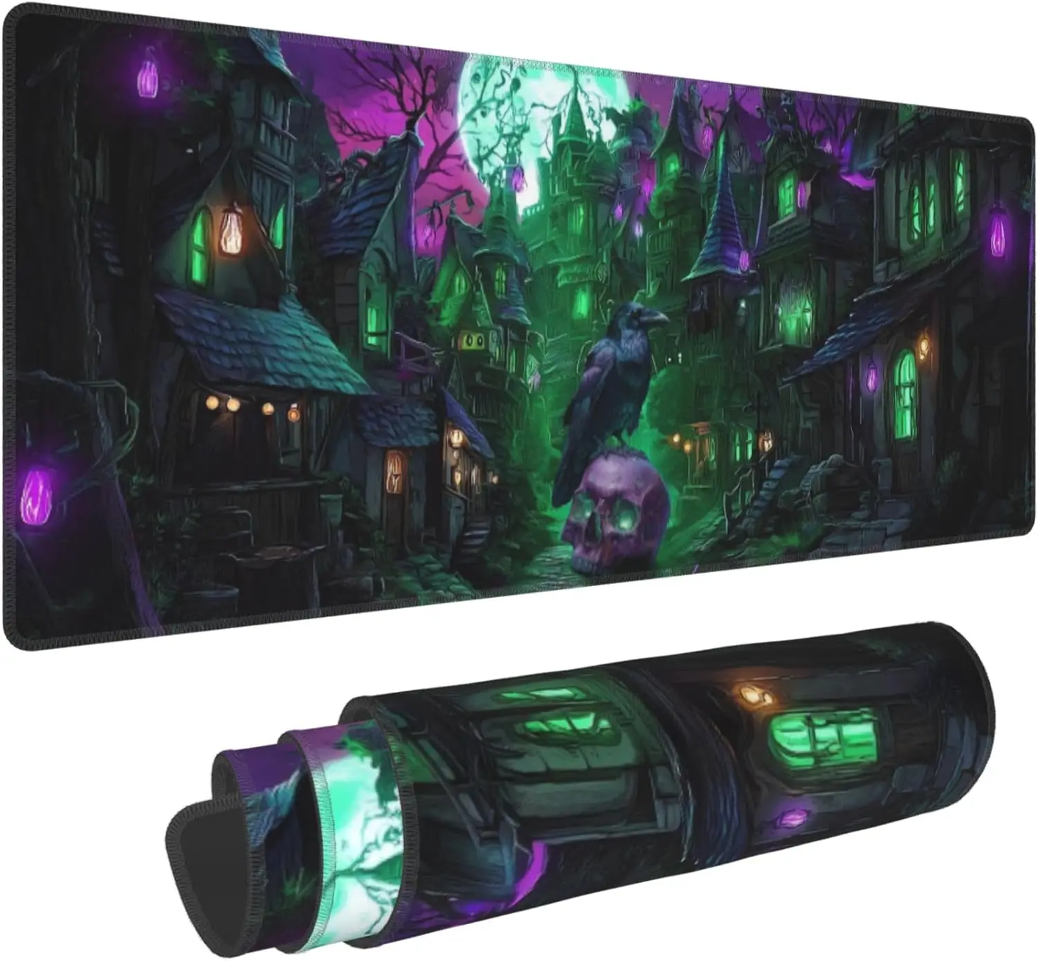 Erweitertes Gaming-Mauspad mit Halloween-Motiv – XL, große Schreibtischunterlage mit genähten Kanten für Gamer und Heimbüro