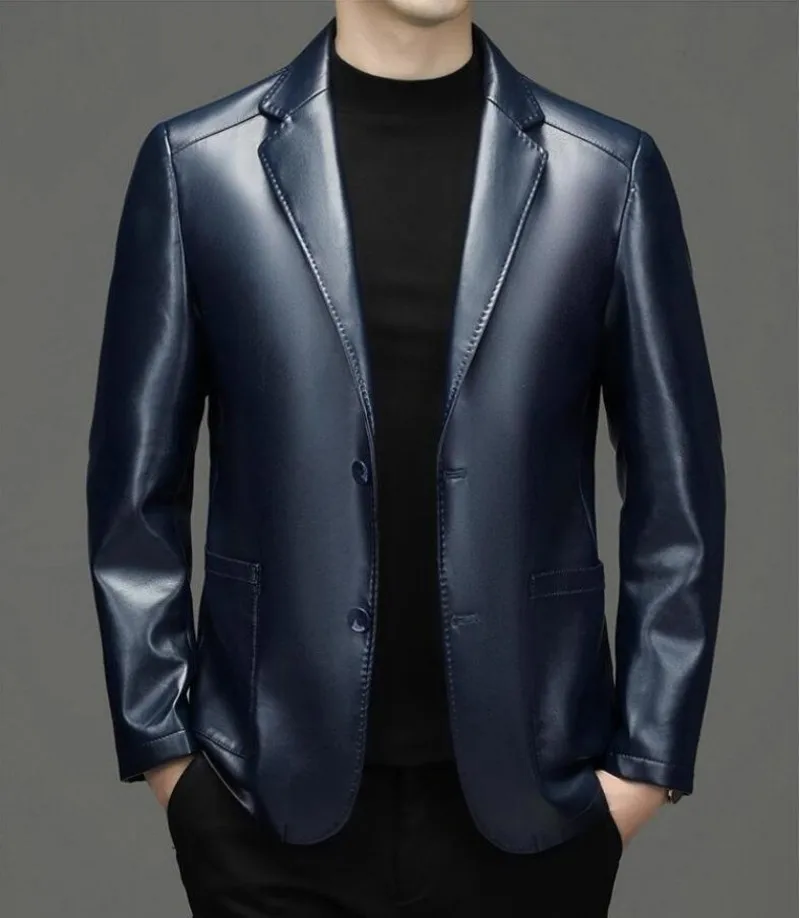 2024 Motorcycle PU Leather Casual Suit Men's Jacket Slim Spring and Autumn Thin Section Black Brown blue Coats