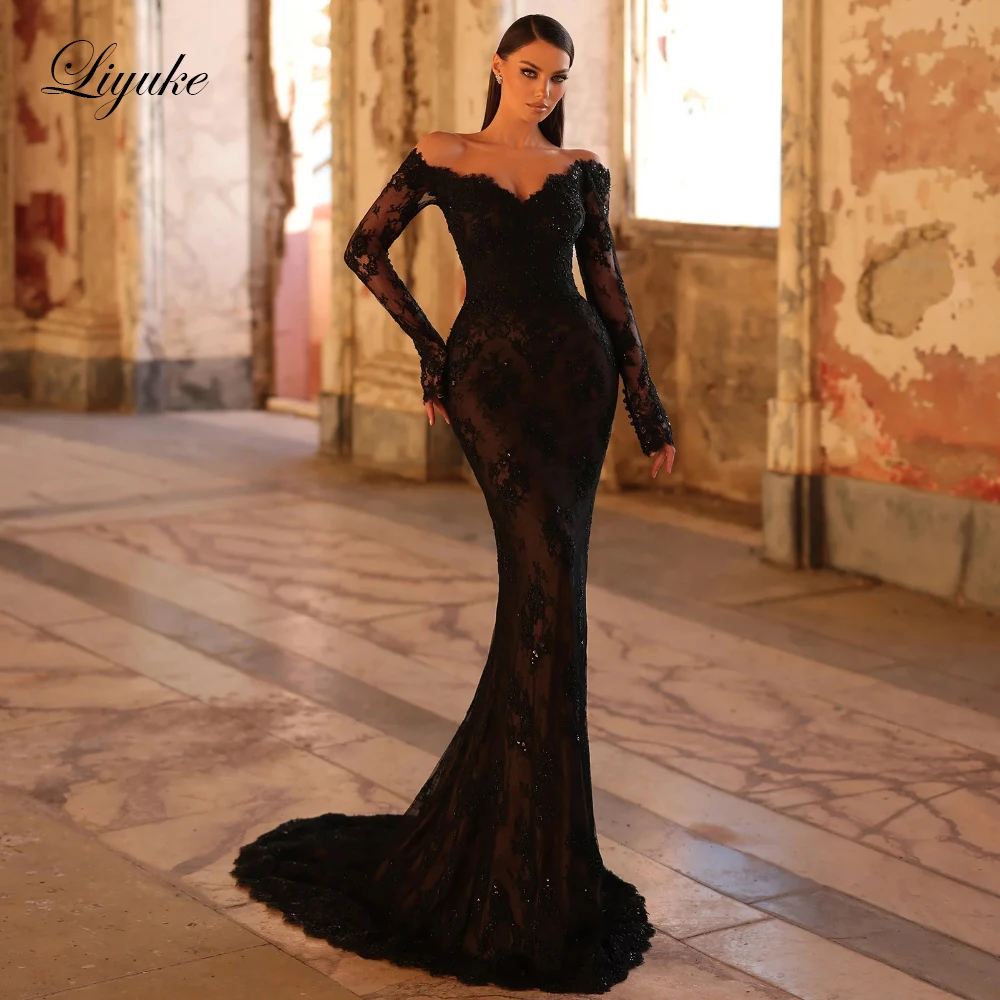 Liyuke Custom Made Beauty Lace V-Neck Mermaid Wedding Dress Robe De Marriage Off The Shoulder Full Sleeves Bling Bridal Gowns