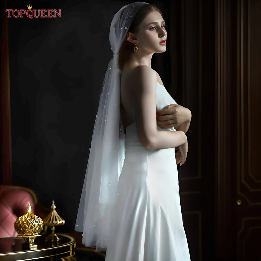 

Фата свадебная TOPQUEEN V12 с жемчугом, мягкая одноуровневая искусственная, без гребня, свадебные аксессуары