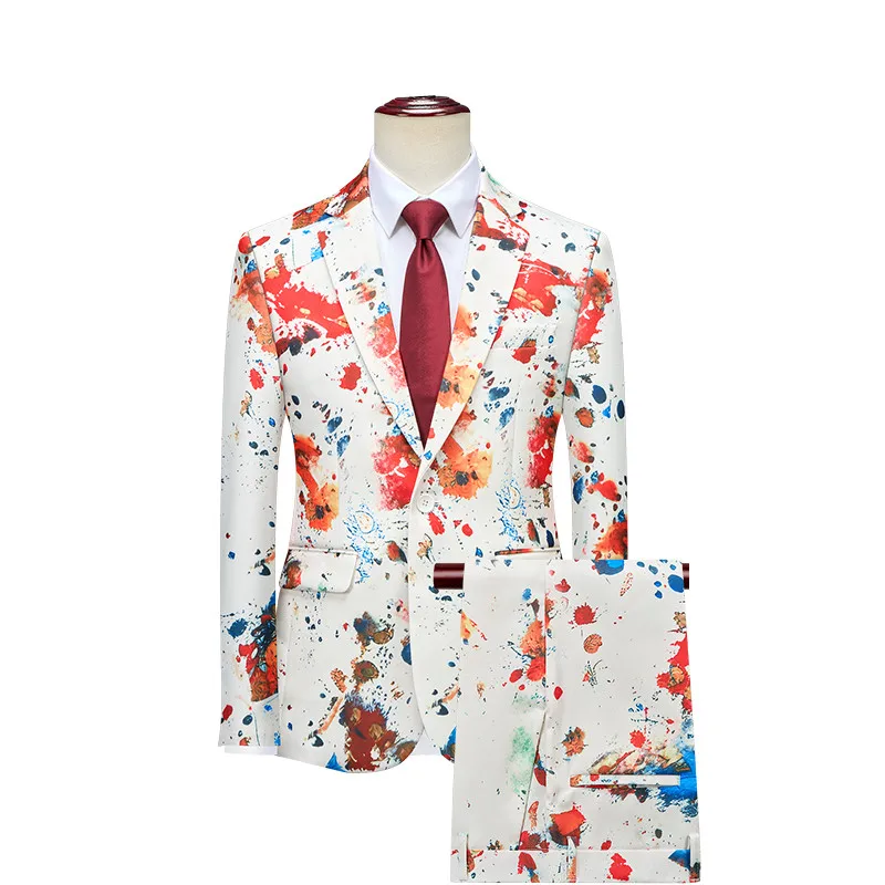 

Мужской костюм Bold Colorful Paint Splash Pattern — модный художественный стиль для праздничных мероприятий, корейская приталенная куртка и брюки.