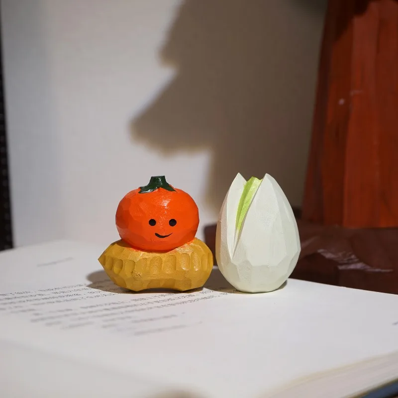 Cute Pistachio and Persimmon Peanut Wood Craft Lucky Charm Set Symbolic Blessing Figurine Bedroom Ornament Decoration Home Decor