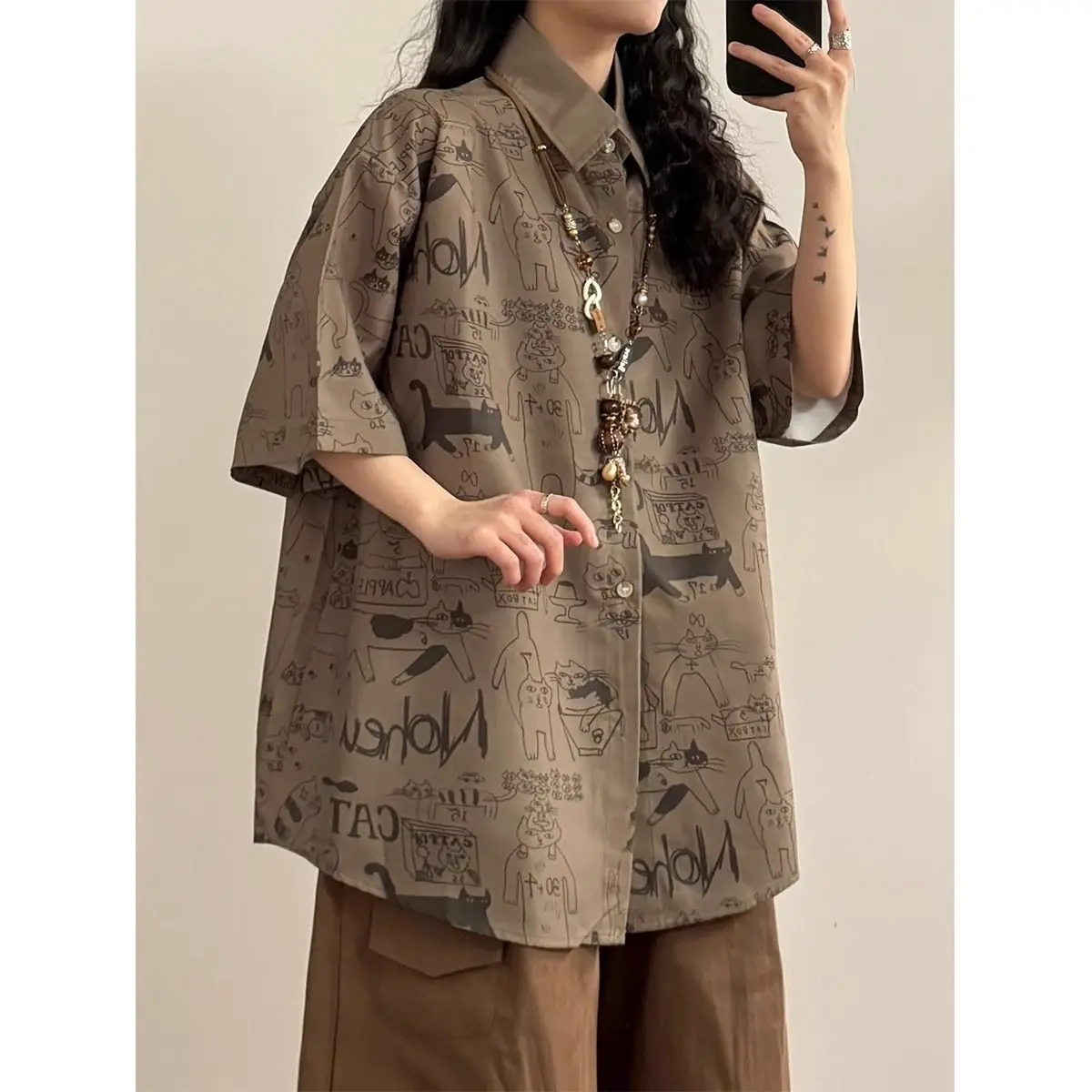 Retro Japanese Cartoon Print Loose Casual Short Sleeve Shirt Unisex Summer College Style Fashionable Versatile Leisure Top