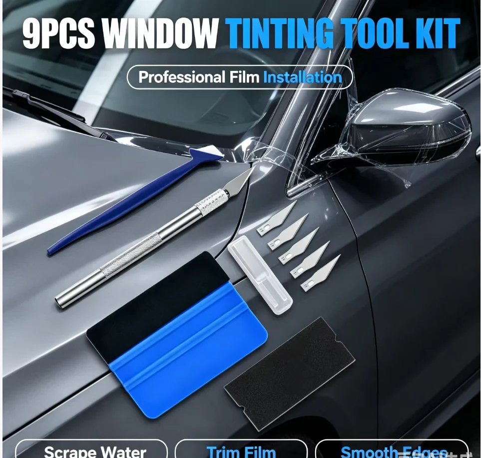 9-piece car window film scraping tool set with felt scraper, plastic scraper, and car window tool kit