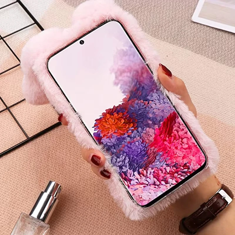 Phone Case for Samsung Galaxy S24 S21 S22 S20 S23 Ultra Plush Cute Rabbit Fluff funda Girls Gift Warm  Shockproof Fur Back Cover