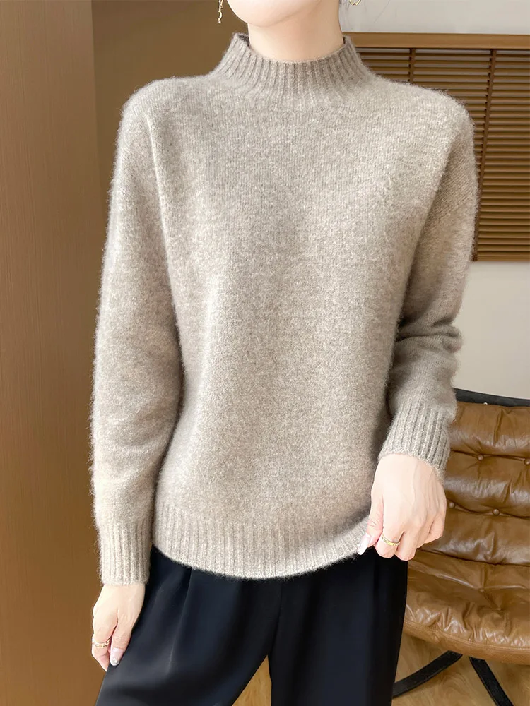 Chic Pure Color Basics Soft Women's Pullovers 100% Cashmere Knitted Casual Loose Mock Neck Sweater Warm Regular Fit Tops