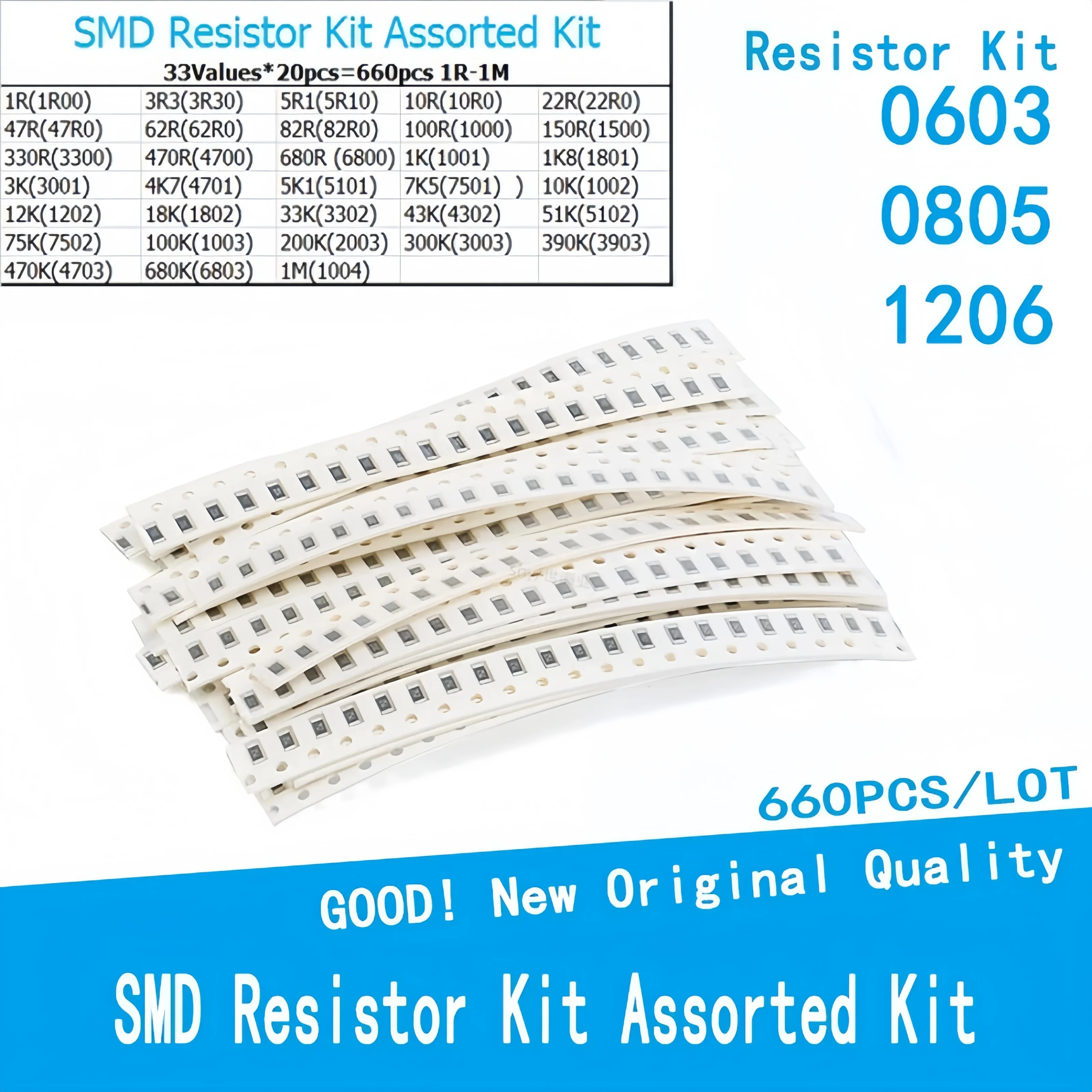 33 Types,20PCS Each,660PCS In Total,0603/0805/1206 Chip Resistor Package Error 1% SMD Resistor 0R~1M