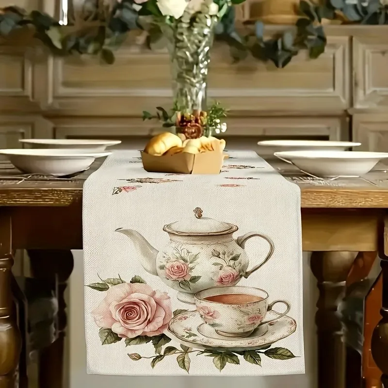 Vintage Floral Table Runner, Retro Pink Rose & Porcelain Teapot Cup Print, Soft Textured Fabric Dresser Scarf, Farmhouse Style D