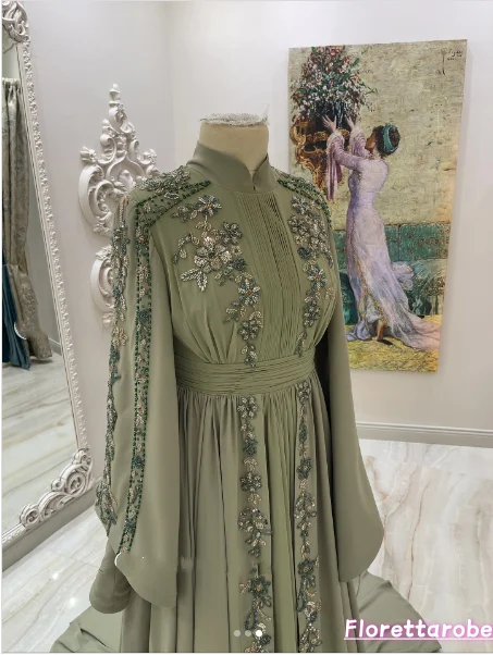 Florettarobe Marokkanisches Kaftan Muslimisches Abendkleid A-Linie Lange Ärmel Chiffon Applikation Dubai Arabisch Abaya Islamisch Maßgeschneidert – Detail 6