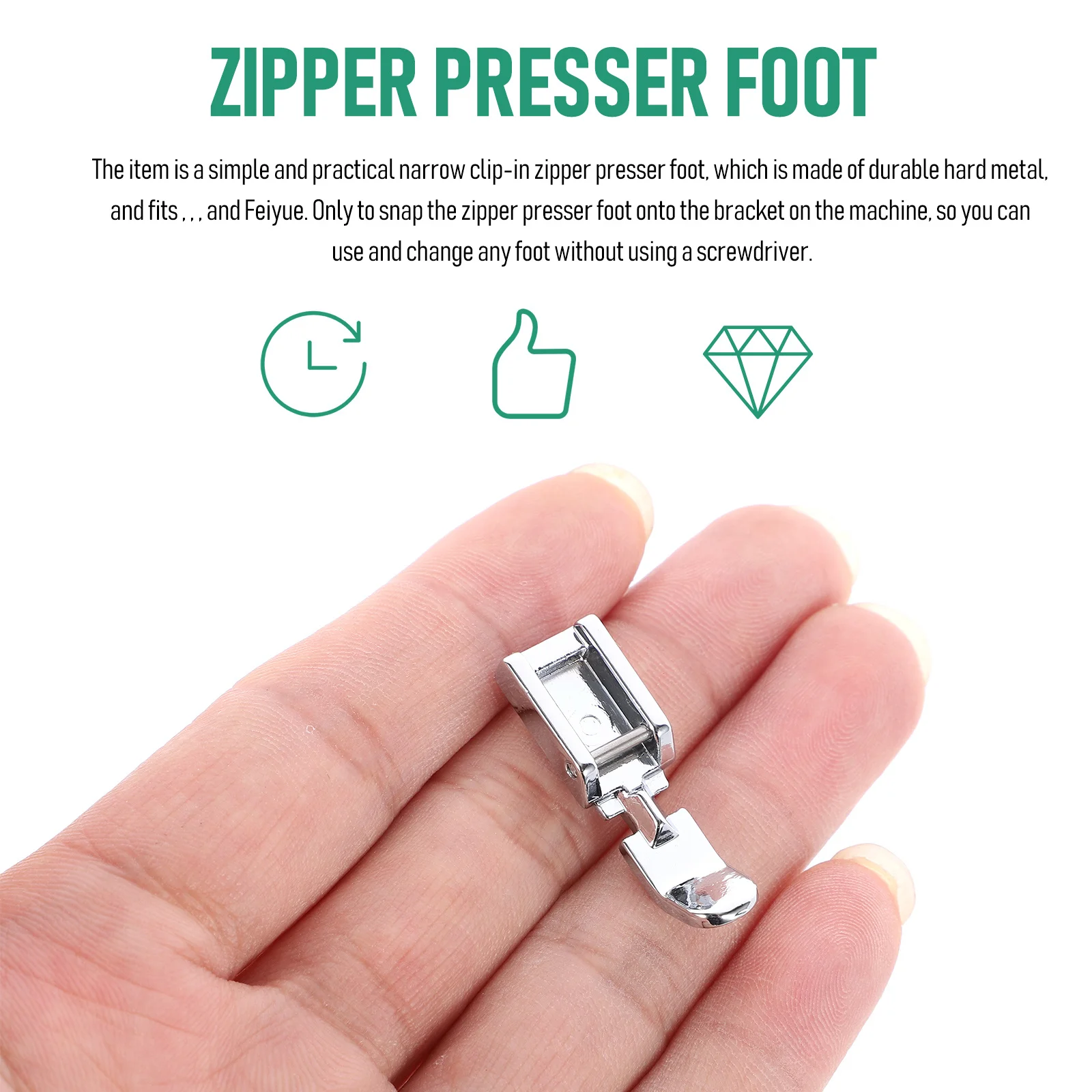 

Durable Hard Metal Zipper Presser Foot For Sewing Machine Clip-On No Screwdriver Easy Snap Fit Compatible Fast Sewing
