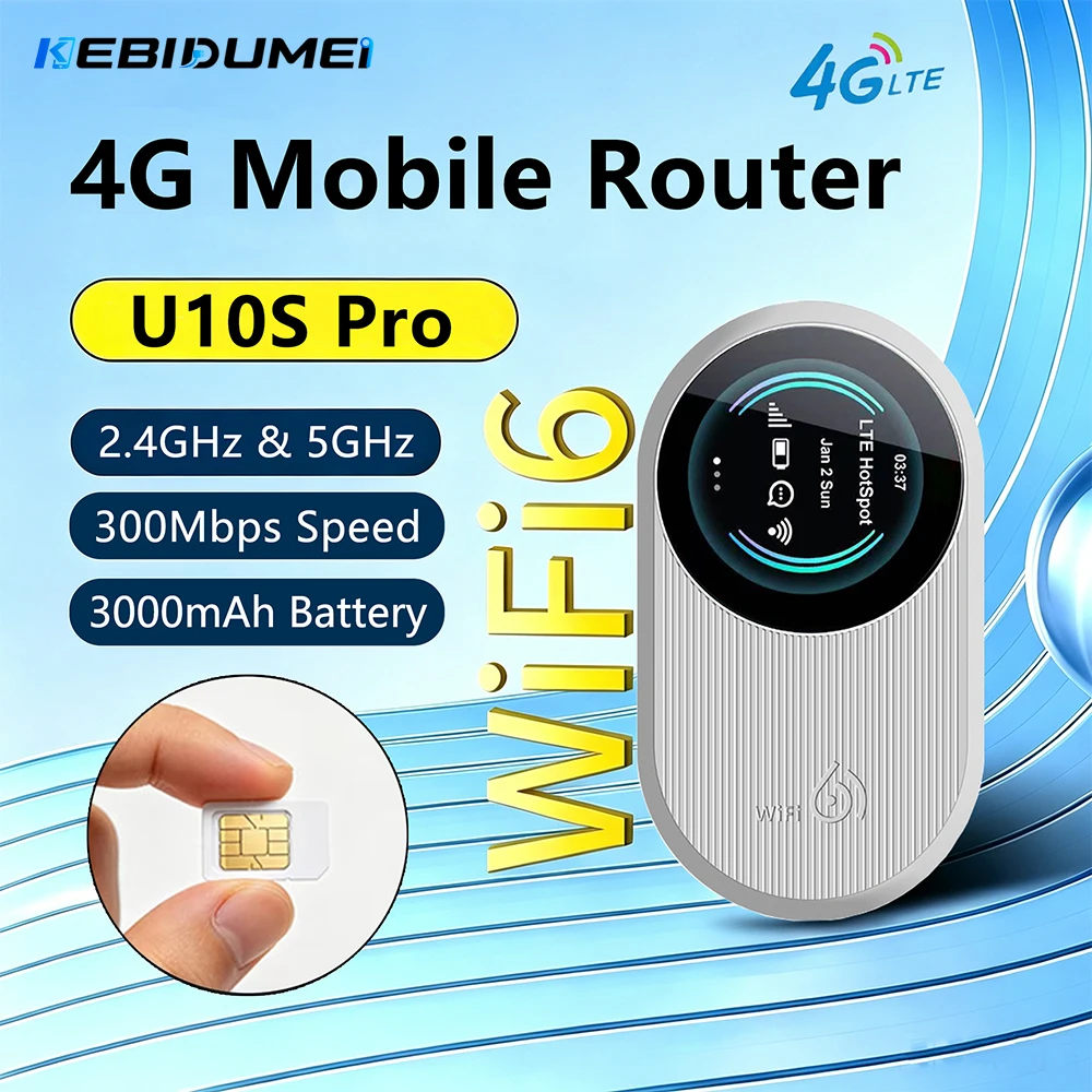 Roteador Móvel Kebidumei WiFi 6 2.4G 5G Hotspot 4G com Bateria de 3000mAh, Roteador 4G LTE Portátil para Viagens ao Ar Livre, Negócios, RV, Carro e Casa