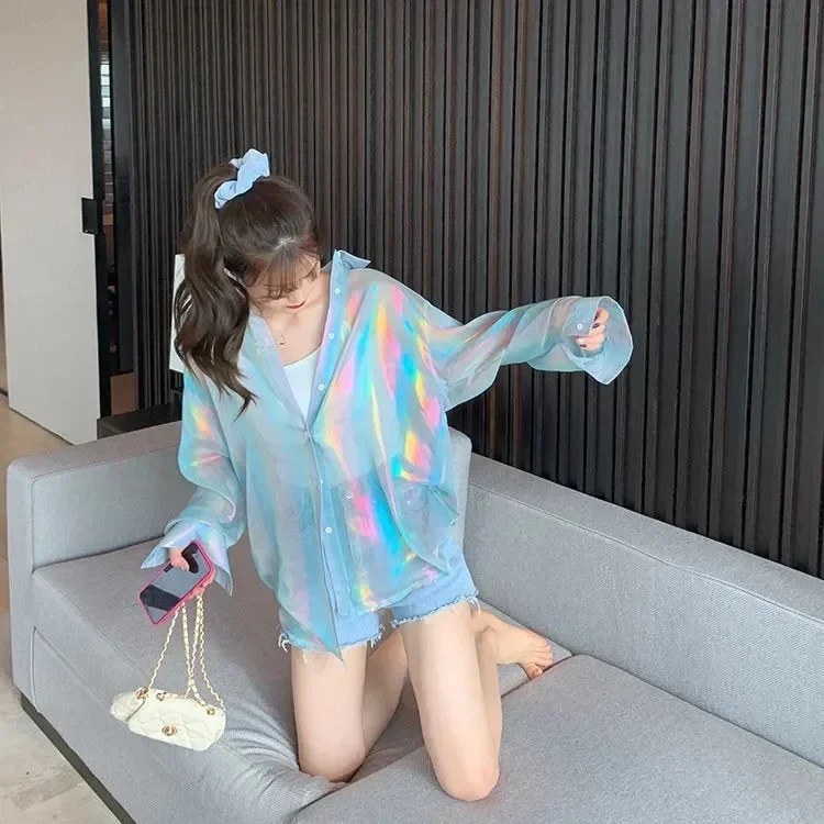 

Sun-protective Shirts Women Summer Mermaid Pearlescent lustre Girl Fashion Semi-transparent Loose Blouse Reflect Light Thin Tops