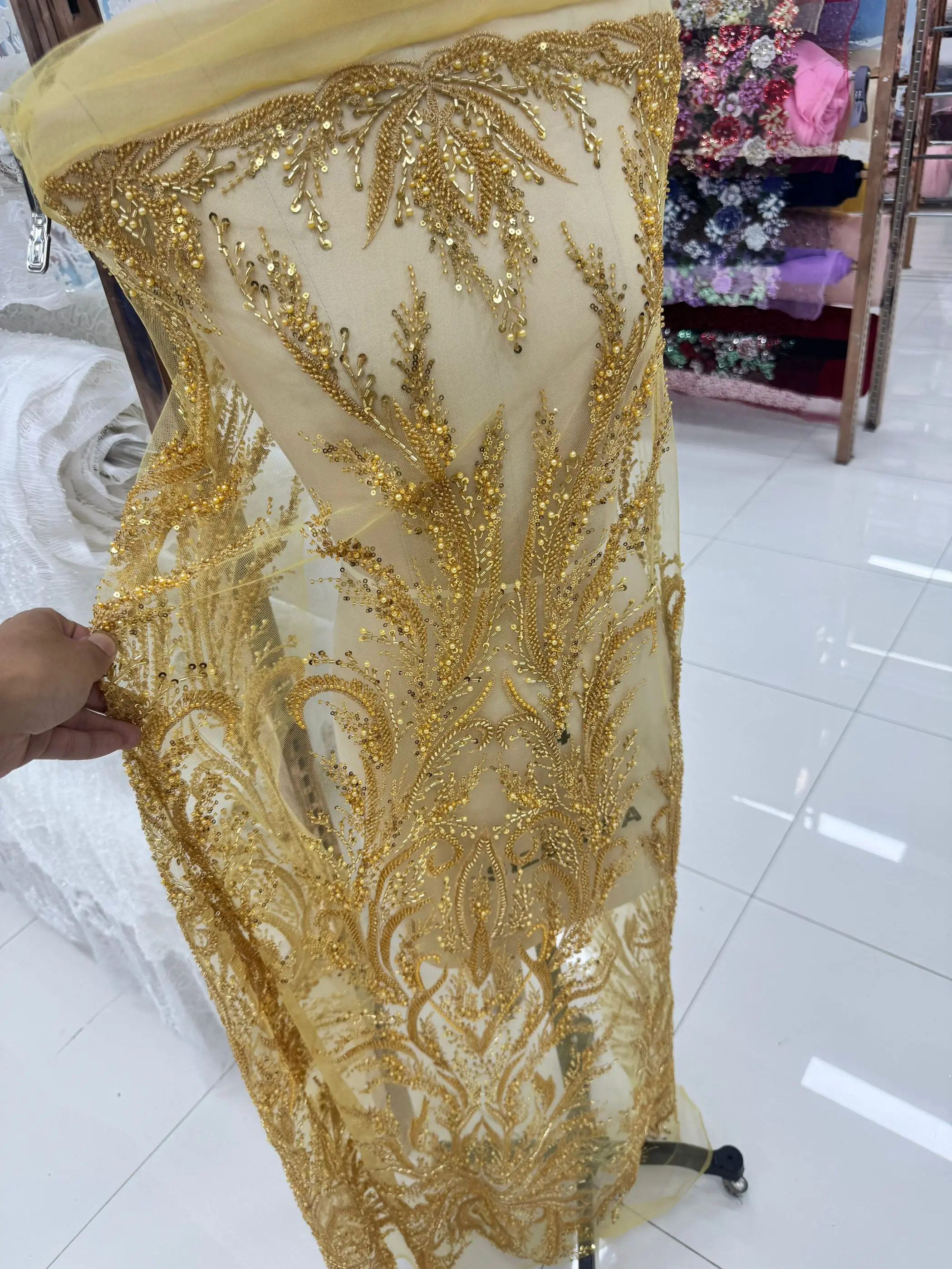 10 Colors High Quality Luxury Beaded Tube Sequined Appliques Lace Embroidery Fabric Elegant Evening Dress Material