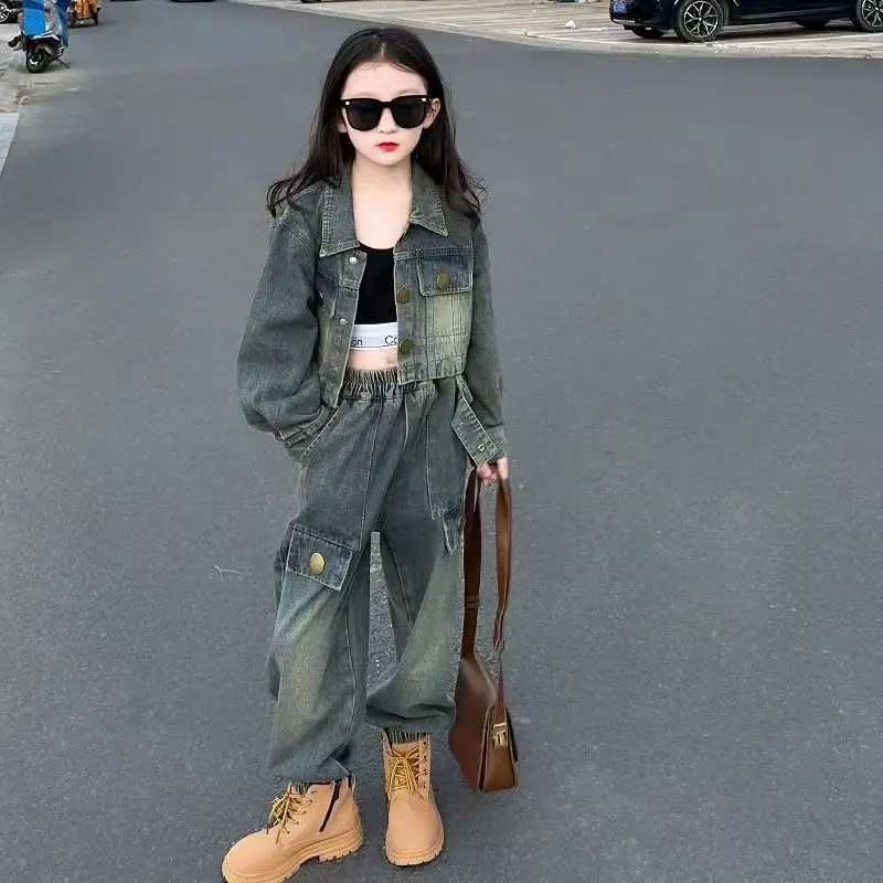 Kids Girls Denim Clothes Suits European American 2024 New Long Sleeved short Jacket+ Jeans 2pcs Children Girl Set Outfit 2
