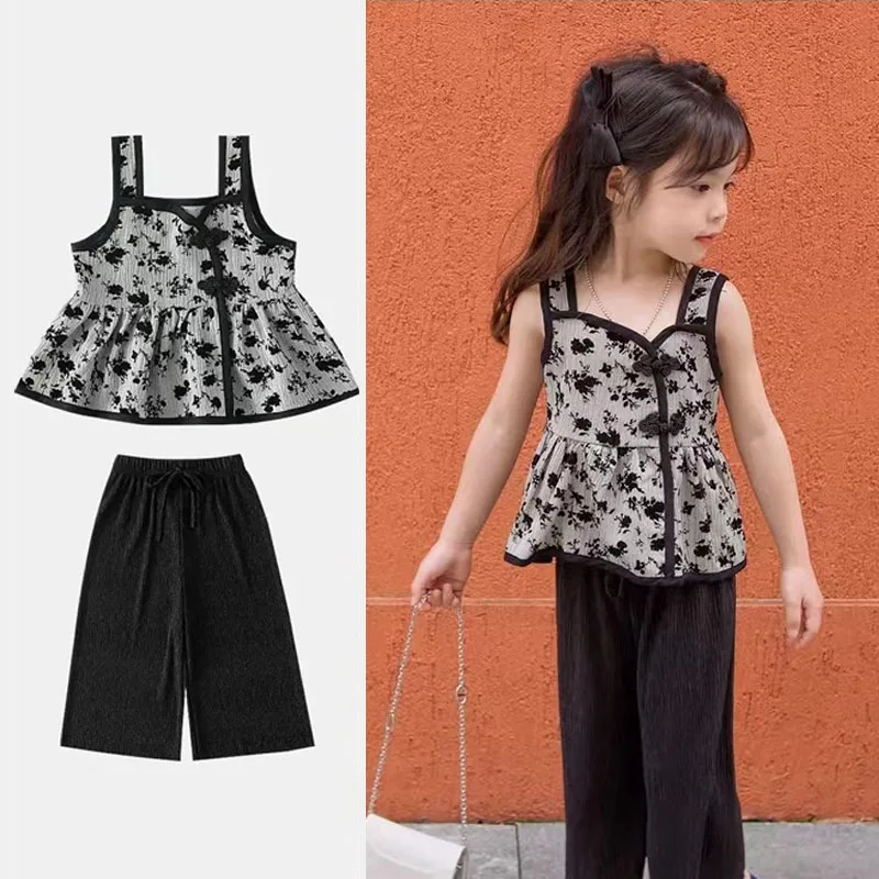 2pc Girls Clothing Set Summer Girls Floral Print Spaghetti Strap Tops Long Pants Set with Pant Chinese Style Kids Clothes Girls