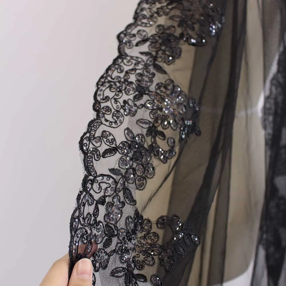 Black Long Lace Wedding Veil One Layer 3 M Cathedral Bridal Veil with Hidden Comb Black Lace Tulle Veil