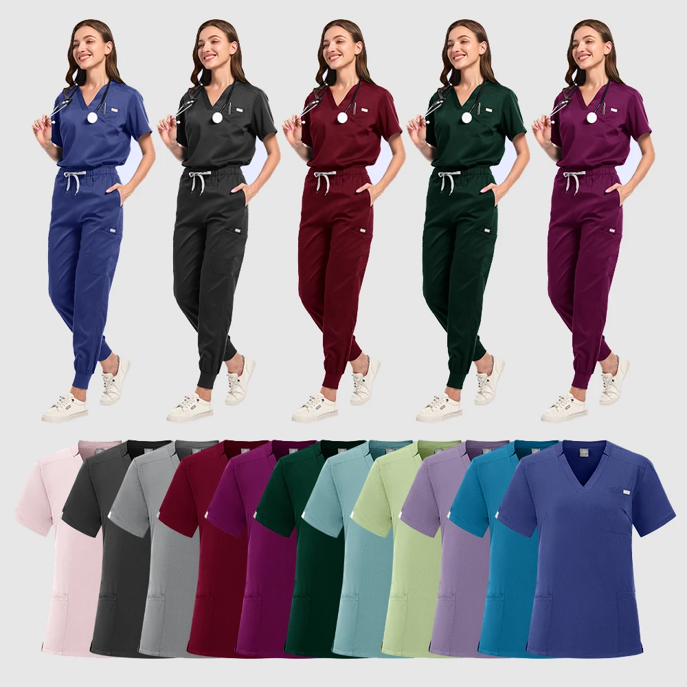 مجموعة دعك مرنة تناسب الجسم للنساء ، الزي الطبي لغرفة العمليات ، زي موحد للممرضات ، بدلة جراحية ، أحادية اللون ، جديدة