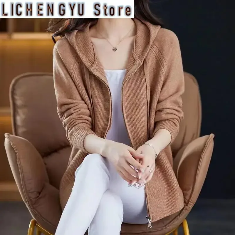 

Autumn Winter New Hooded Zipper Knitted Cardigan Sweater Jacket Women Loose High-Grade Solid Color Mother Coat Female Tide