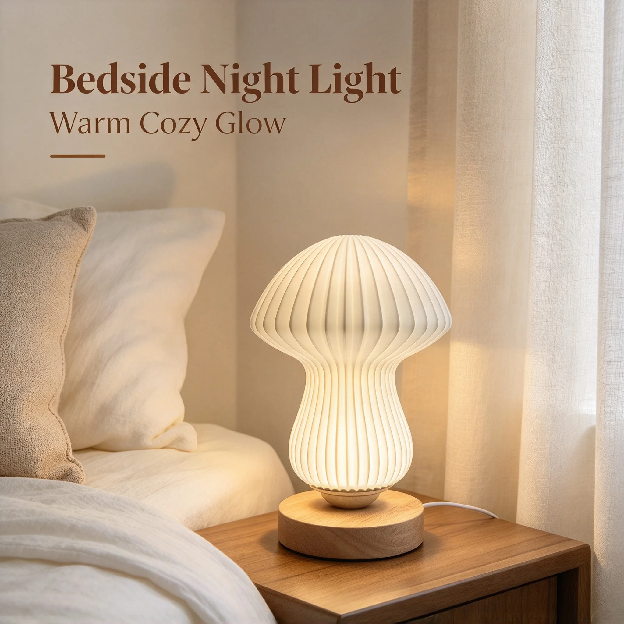 3D Ribbed LED Table Lamp Mushroom Shape with Wooden Base 3-Color Ambient Night Light Stylish Entryway Home Decor