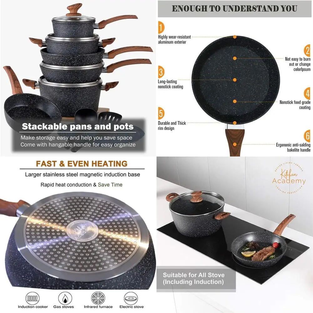 

Набор индукционной посуды с антипригарным покрытием из гранитного черного цвета, 12 предметов, со сковородой и кастрюлями