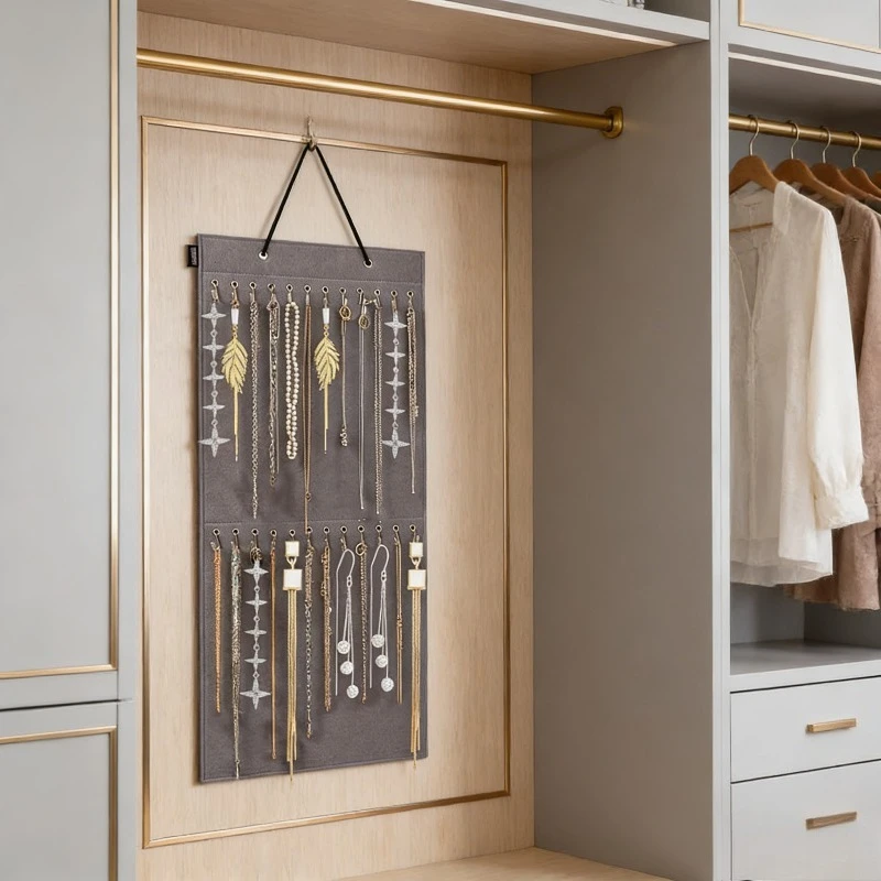 

1pcs Felt Necklace Storage Bag, Wall Hanging Jewelry Display Board, Sunglasses & Earring Organizer