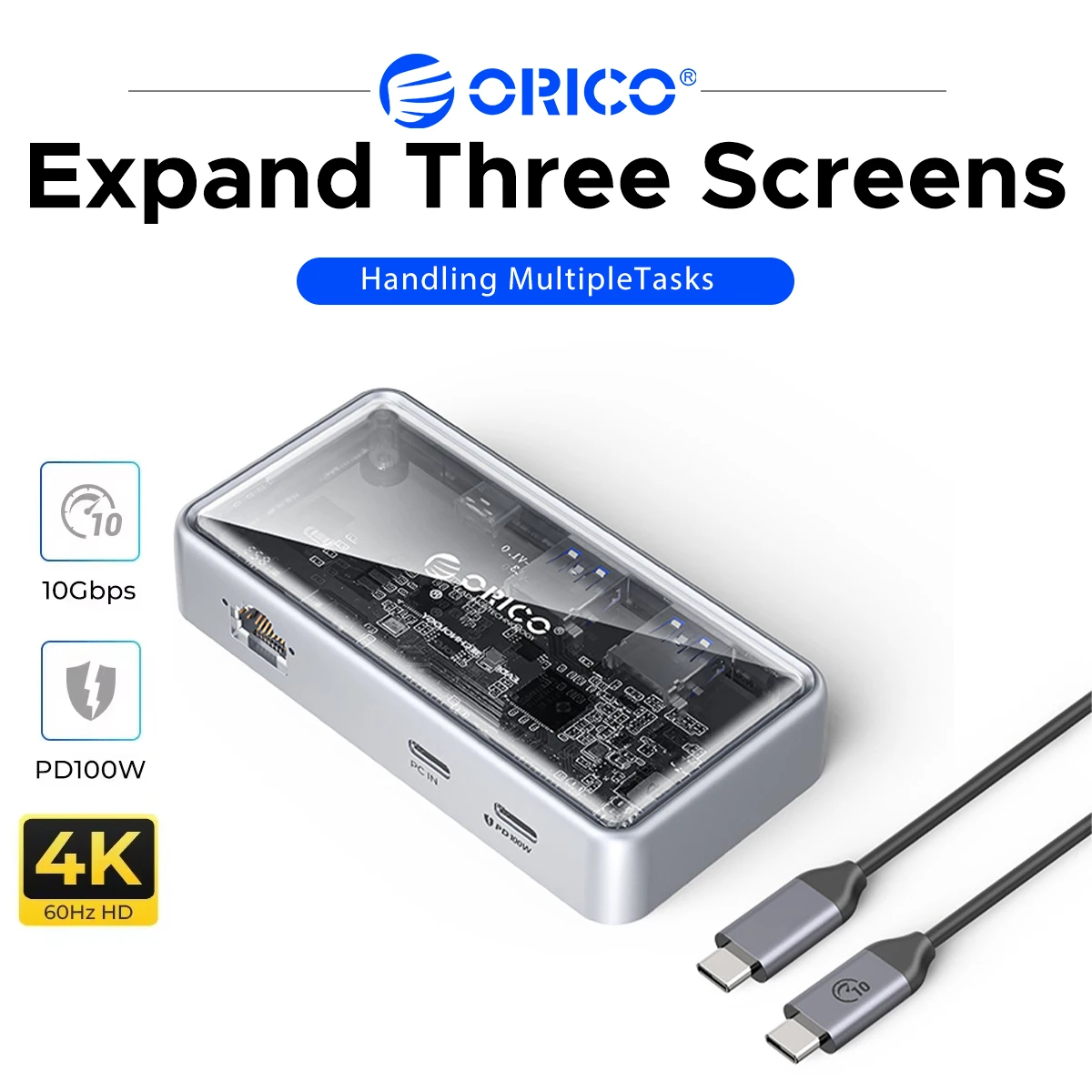 ORICO Transparent USB C Docking Station MST Triple Display 4K@60Hz USB3.2 Gen2 10Gbps Hub 2.5G Ethernet PD100W Multiport Adapter