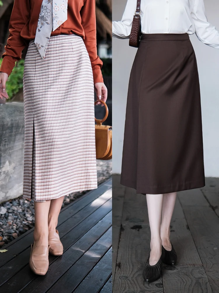 

Элегантная юбка А-силуэта из шерстяного твида с разрезами, модный ретро-дизайн в клетку, премиум-качество, высокая талия, длина до колена