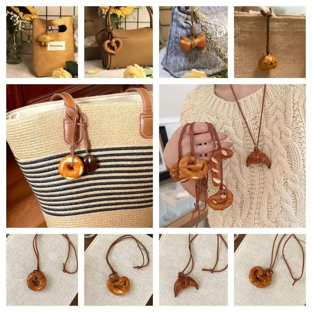 Bagel Alkaline Bread Pendant Korean Style Cute Rope Pretzel Key Chain Sweater Chain Kawaii Croissant Bag Accessory Unisex