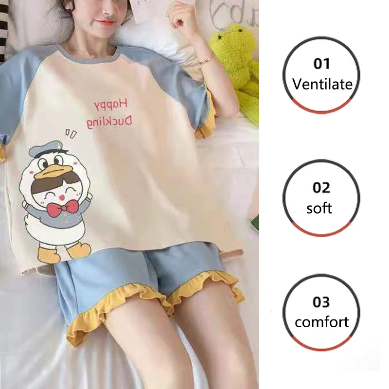 Korean Version of the Girl Sleepwear Large Size Cartoon Women Pajamas Short-Sleeved Shorts Ladies Summer Silk Home Wear Cartoon