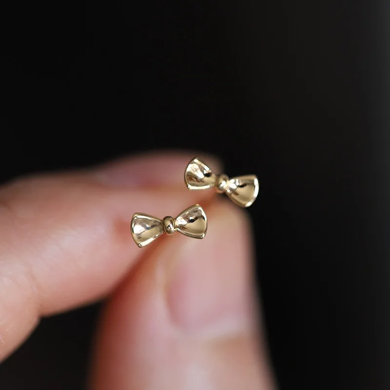 

925 Sterling Silver 14K Gold Plated Bow Stud Earrings for Women Cute Tiny Sweet Korean Fashion Jewelry Gift
