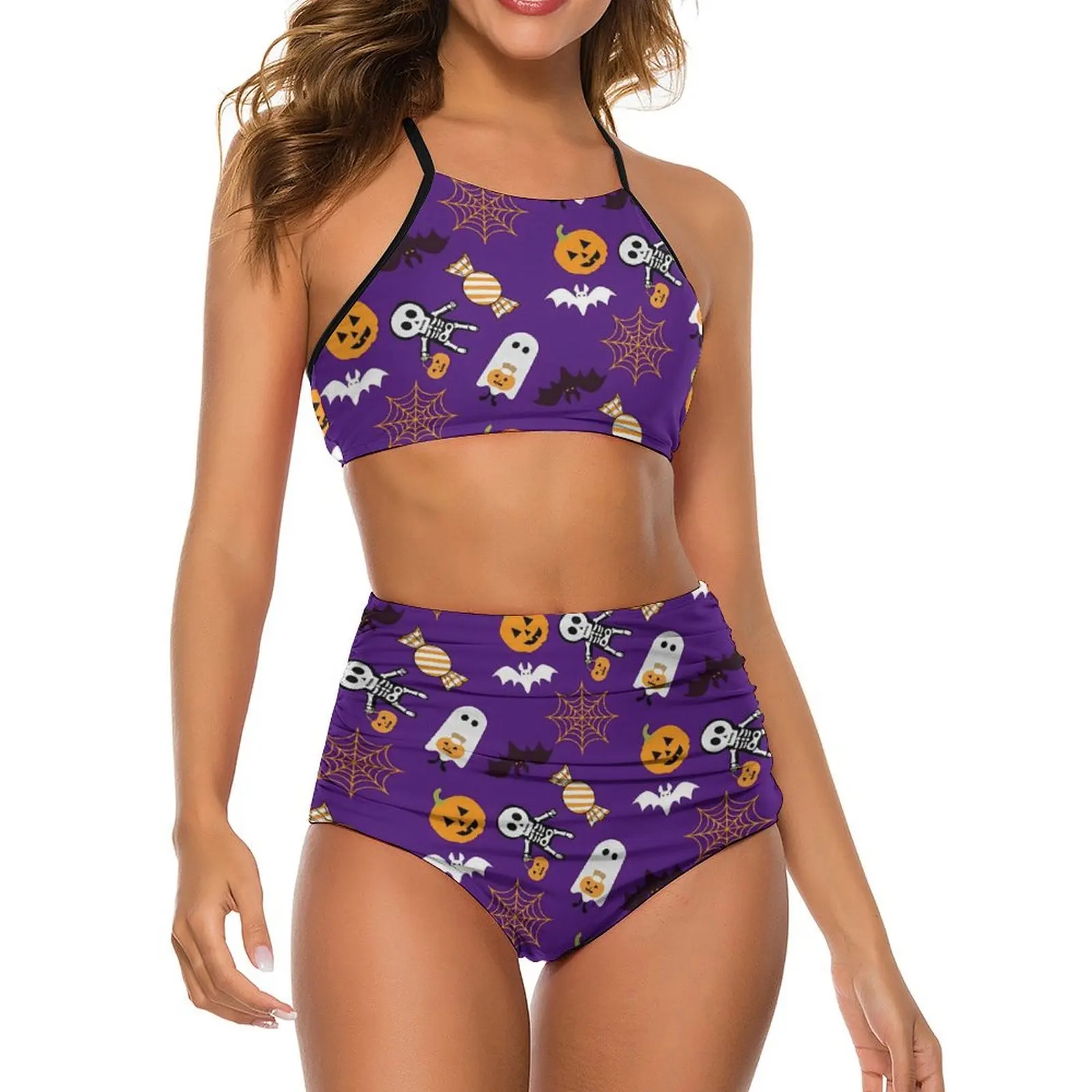 Sexy Halloween Spooky Bikini Swimsuit Cute Ghost Pumpkin Fashion Swimwear High Waist Printed Bikinis Set Adjustable Bathing Suit