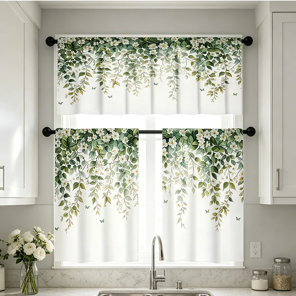 Printed Window Curtains Set, Green Vine Leaf Print, Farmhouse Style, Valance and Short Curtains, Cozy Home Kitchen Decor