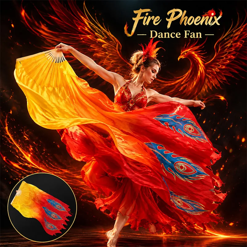 1pc Chinese Classical Long Ribbon Dance Fan Red Yellow Gradient Painted Phoenix Pattern Hand Fan for Stage Dancing Performance