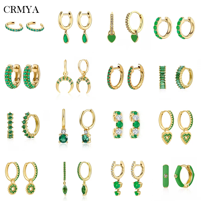 CRMYA Gold Silver Plated Hoop Drop Earrings For Women Green CZ Zircon Fake Piercing Ear Cuff Women's Earrings 2022 Jewelry