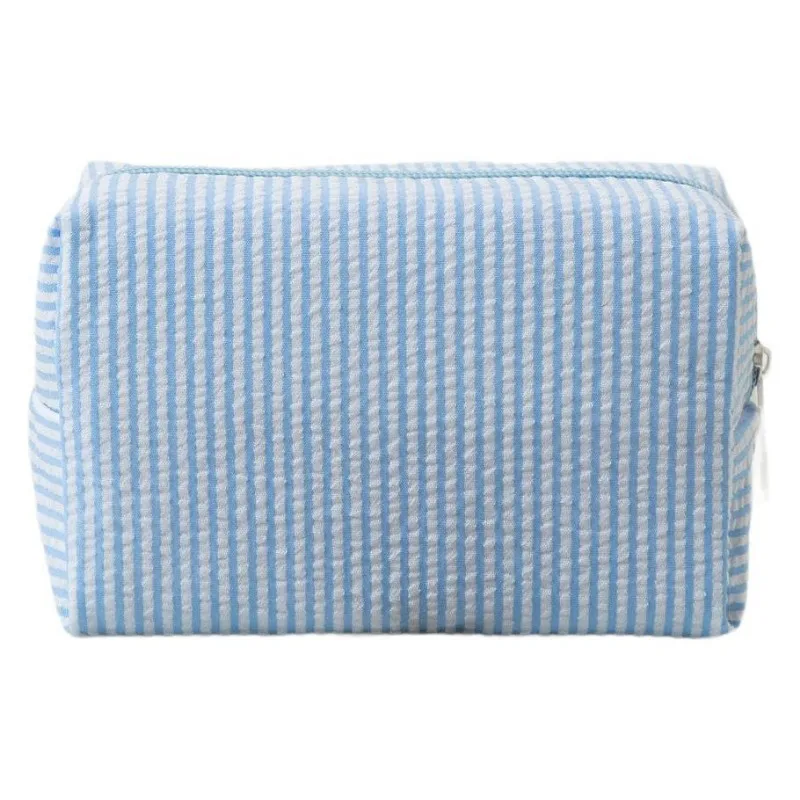 Light Blue White Vertical Striped Bubble Fabric Cosmetic Bag Soft Zipper Makeup Pouch Portable Travel Toiletry Storage Organizer Bag