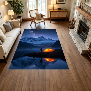 Mountain Cliff Hanging Tent Starry Milky Way Carpet Flooring, Adventure Nature Non-Slip Area Rug for Living Room Bedroom Home Decor