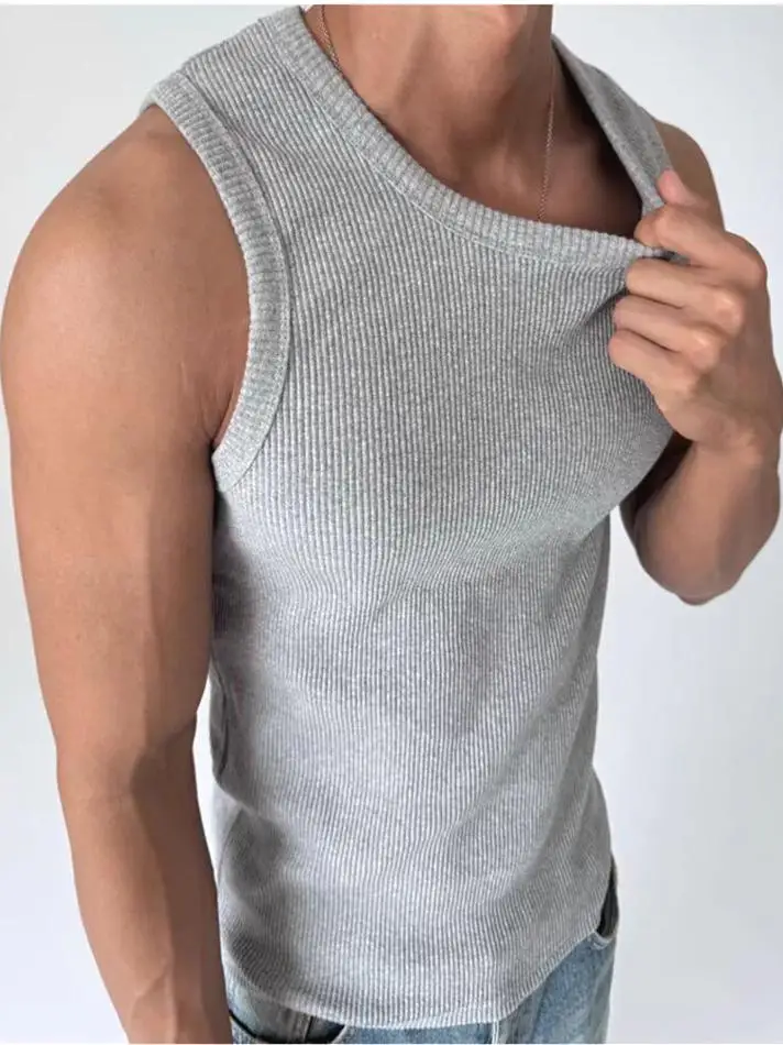

American Style Heavyweight Pure Cotton Ribbed Vest Muscle Men's Hard Body Tight Elastic Sleeveless T-shirt Base Small Shoulde...