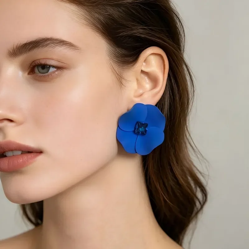 Exaggerated atmosphere Large flower stud earrings Klein blue rose red yellow four-petaled flower with diamonds Earrings