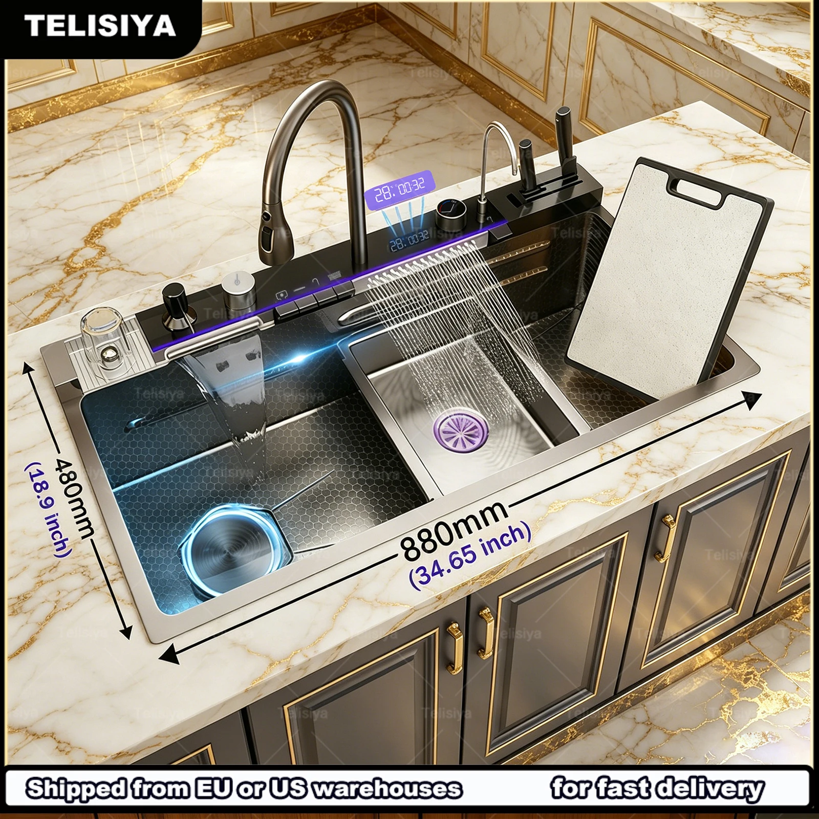 

Modern Stainless Steel Kitchen Sink Multifunctional Sinks Embossed Digital Display Single Slot Wash Vegetable Basin