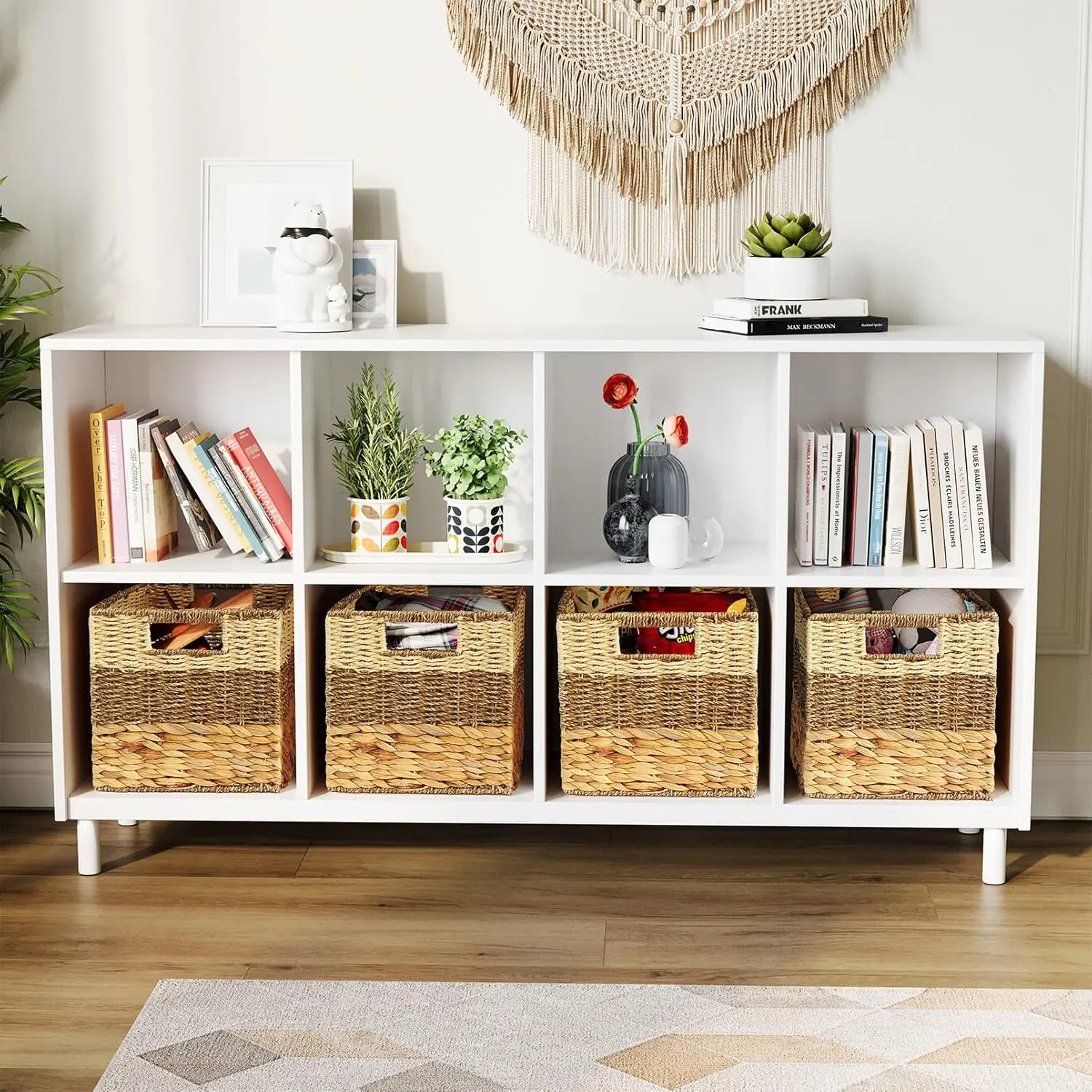 4 Pack Woven Storage Baskets with Handles, 3 Pattern Design, Natural Rattan Organizer Bin for Shelves, 10.5x10.5x10.5 inch view 4