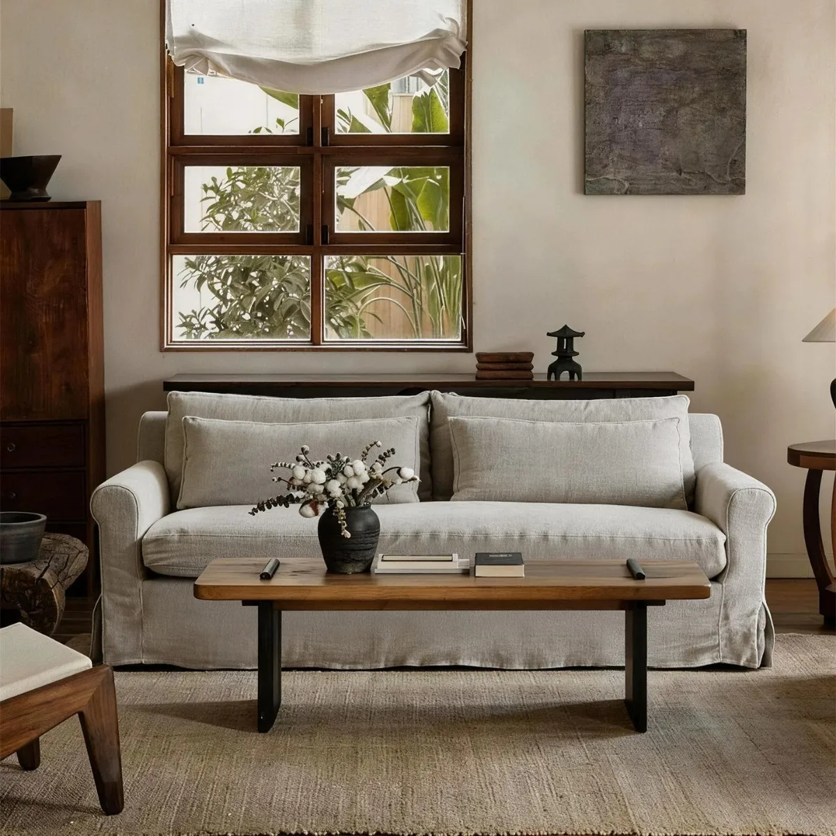 

HYS medieval wabi-sabi wind removable and washable linen fabric sofa small apartment living room B & B double straight row
