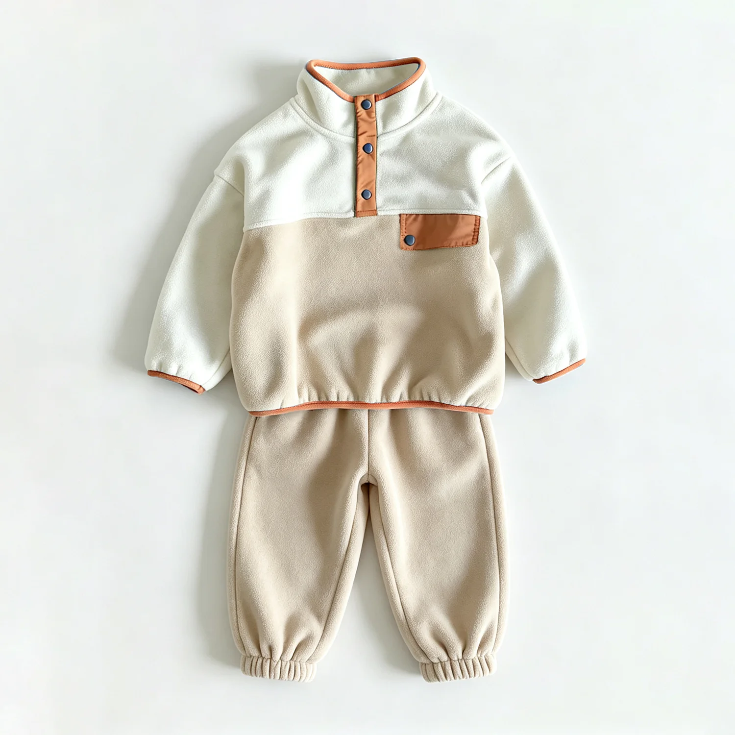 Autumn Kids Clothing Set Toddler Boys Girls Soft Polar Fleece 2Pcs Outfit Stand Collar Color Block Pullover Jogger Pants