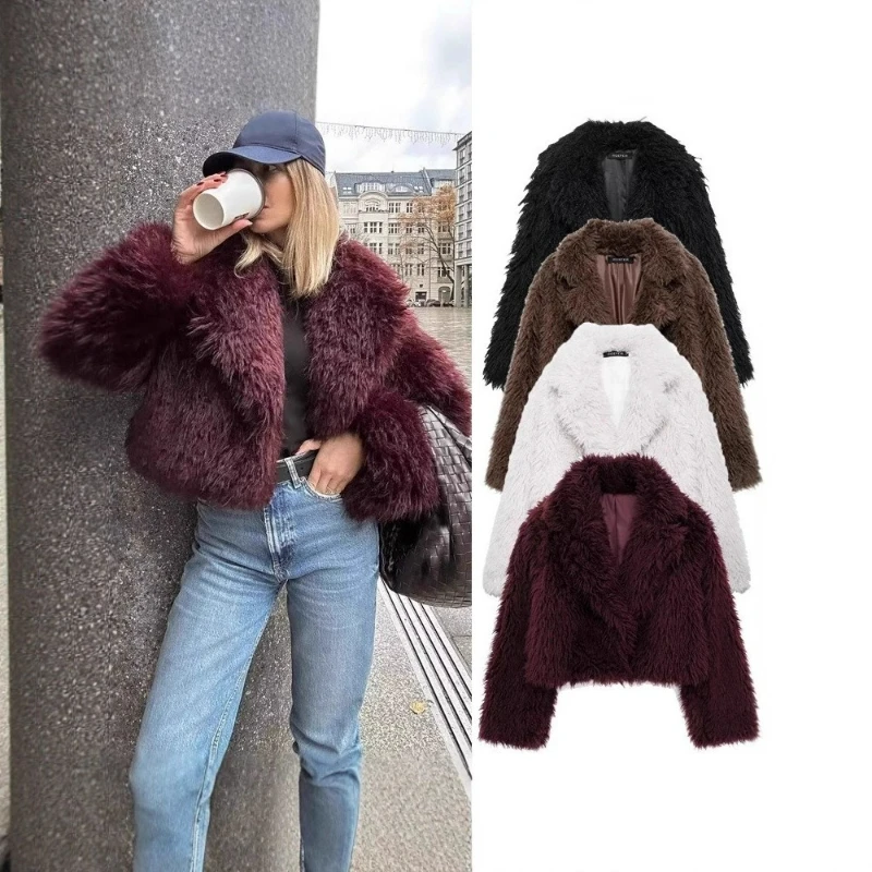 Women Warm Faux Fur Coat Winter Vintage Short Jacket  Outerwear Cardigan Turn Down Collar Coats Autumn Winter Streetwear