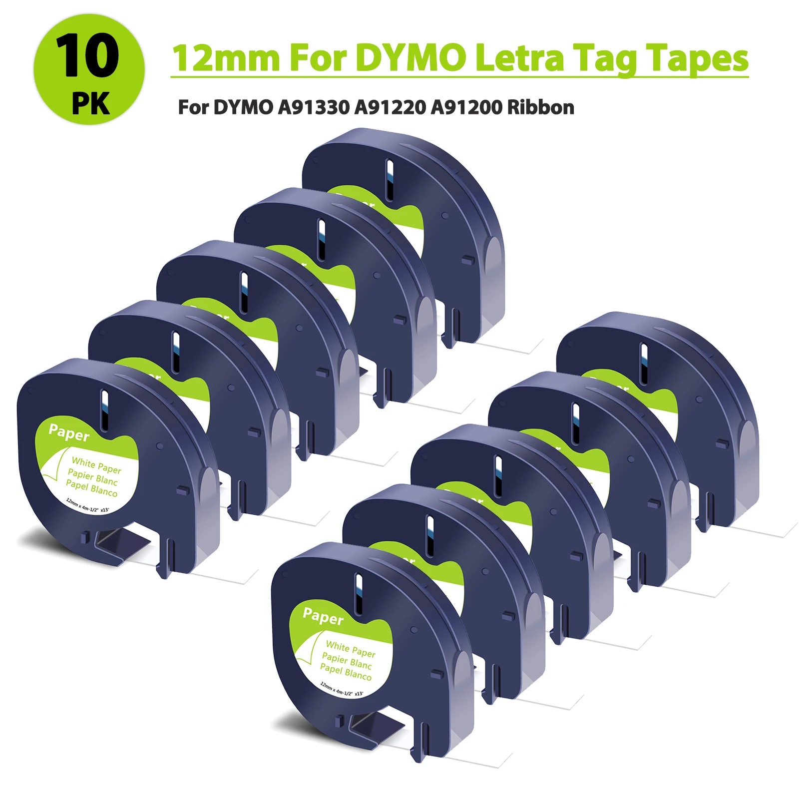 

3/5/10PK 12mm Letra Tag Tapes Compatible for Dymo A91330 A91220 A91200 Black on White Label Tape for DYMO LetraTag Plus LT100H