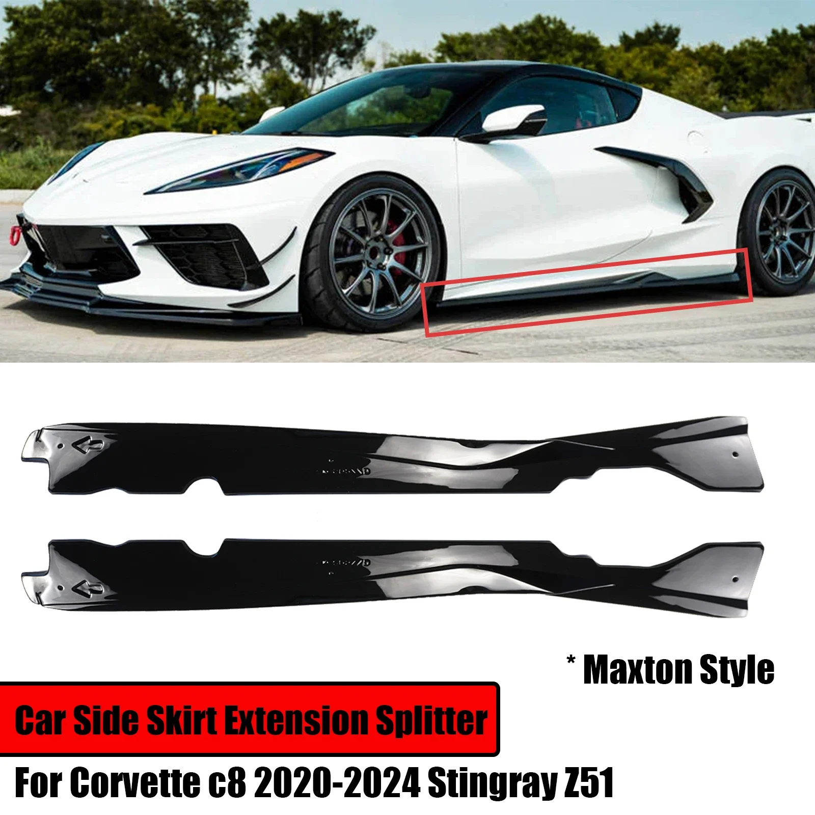 A Pair Car Side Skirt Extension Maxton Style For Chevrolet Corvette C8 2020-2024 Stingray Z51 Glossy Black Body Kit Accessories