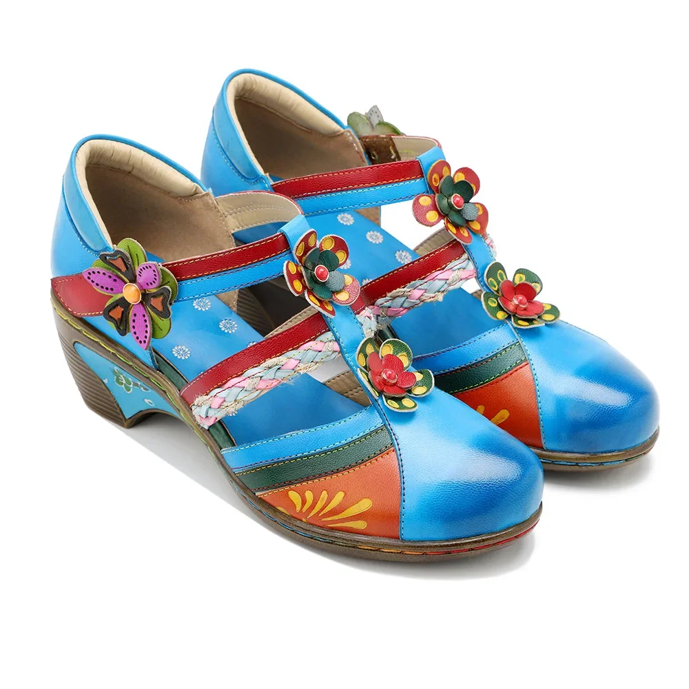 

2024 New Summer Genuine Leather Casual Hook & Loop Hand-painted Sewing Retro Flower Hook Loop Cover Heel Women Shoes Sandals