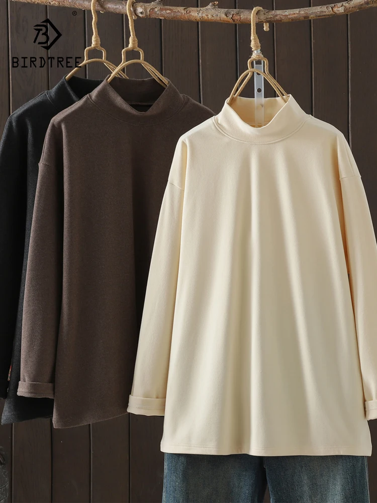 

Новинка 2025, осенняя хлопковая футболка с длинными рукавами и начесом, женская однотонная футболка с воротником-стойкой, базовая универсальная теплая футболка Mori Girl T5O0110CC